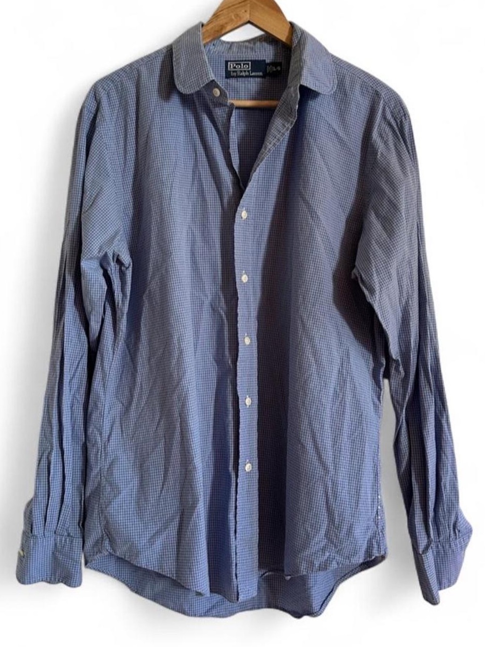 Vintage 90s Polo Ralph Lauren L Blue Micro Check Button Up Shirt Hong Kong - Picture 2 of 8